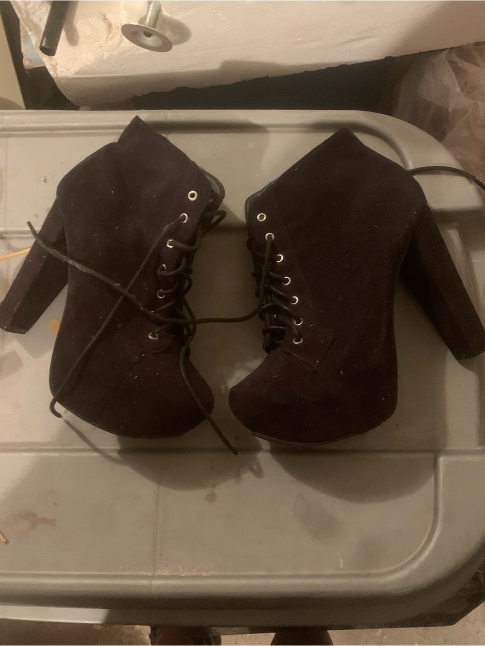 Lace-Up Suede Platform Ankle Boots - Black